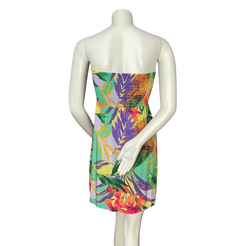 Hula Moon by Jams World Strapless Mini Dress Hawaiian Floral Smocked Medium